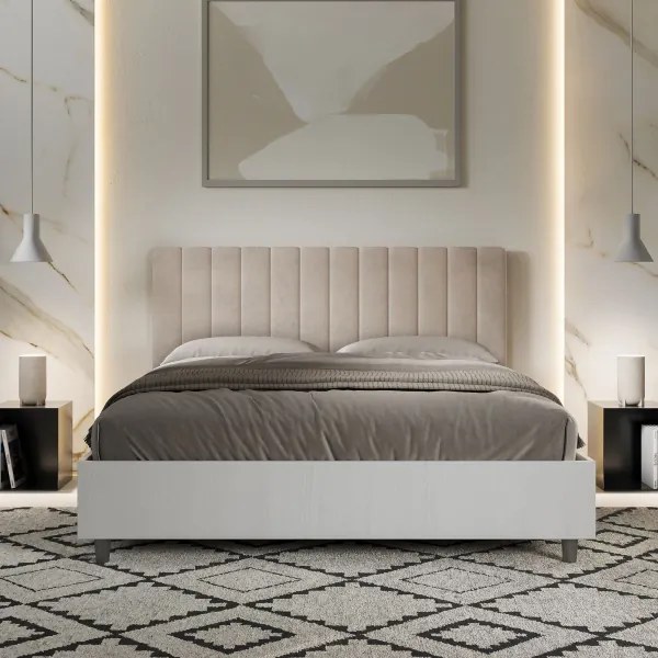 Letto matrimoniale e rete 160x200 in legno bianco e testata in microfibra sabbia Kaia