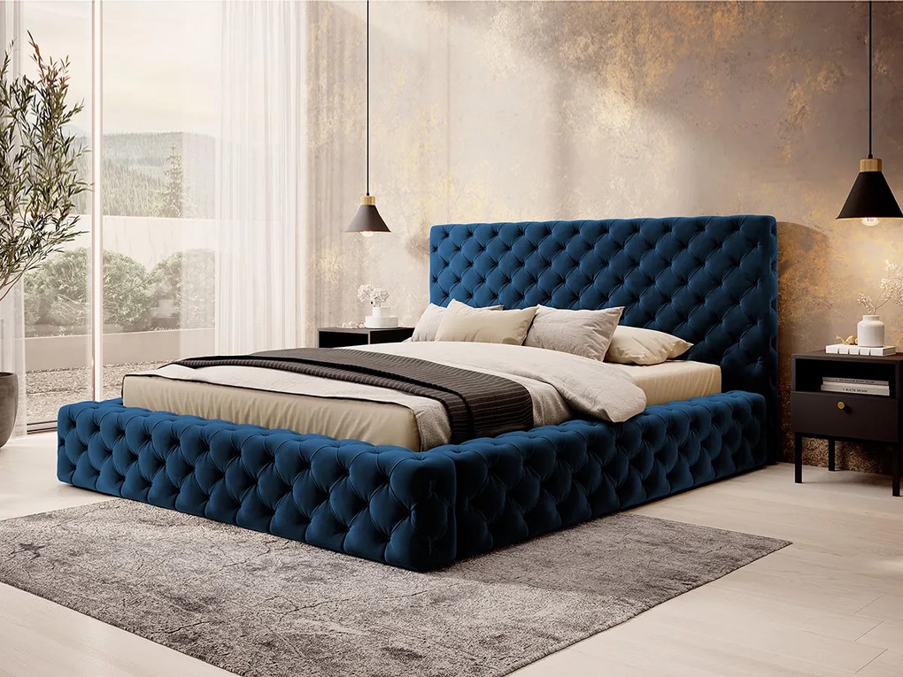 Letto matrimoniale con box contenitore Matilde - 180 x 200 cm , Tessuto vellutato blu