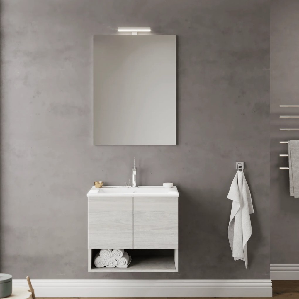 Mobile Bagno Sospeso 60 Cm Due Ante Con Vano a Giorno Specchio Con Lampada Led 60x80 Cm Savini Due "Oslo"