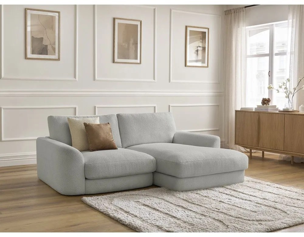 Divano angolare grigio chiaro (con penisola a destra/con chaise lounge) con rivestimento in bouclé Leonore – Bobochic Paris