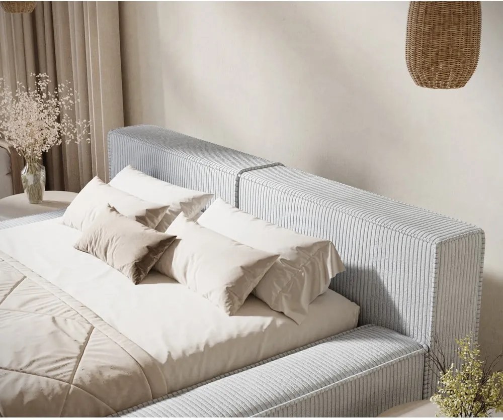 Letto matrimoniale imbottito grigio chiaro con contenitore e rete inclusi 140x200 cm Voliera – Maison de Rêve