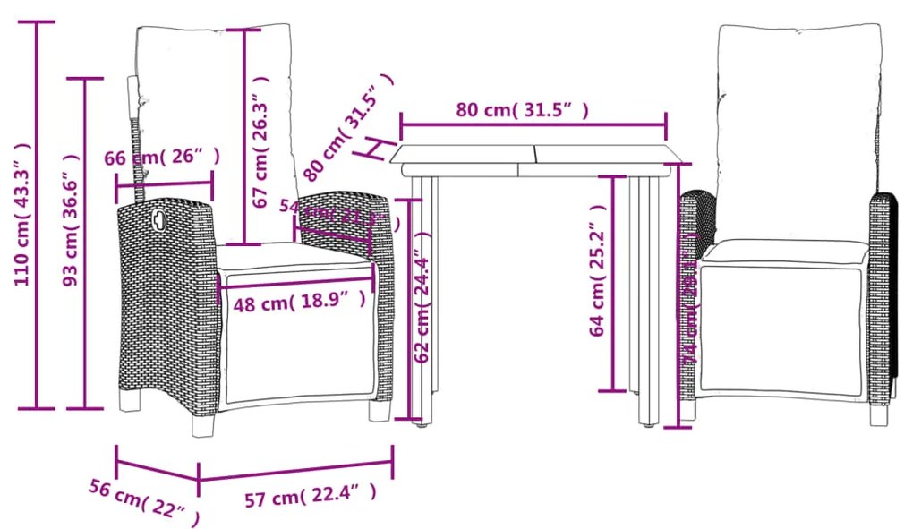 Set da Pranzo da Giardino 3 pz con Cuscini in Polyrattan Grigio