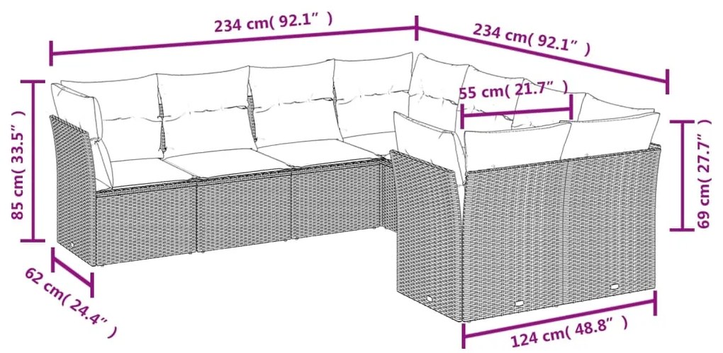 Set divano da giardino 8pz con cuscini grigio chiaro polyrattan