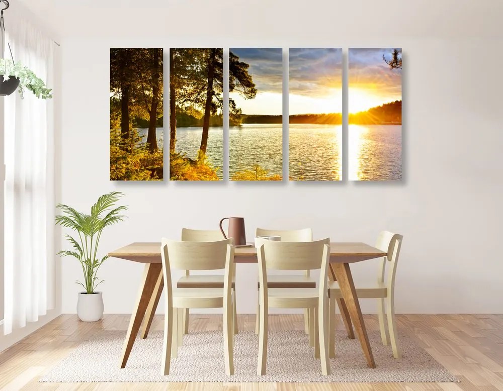 Quadri 5 pezzi – Tramonto sul lago