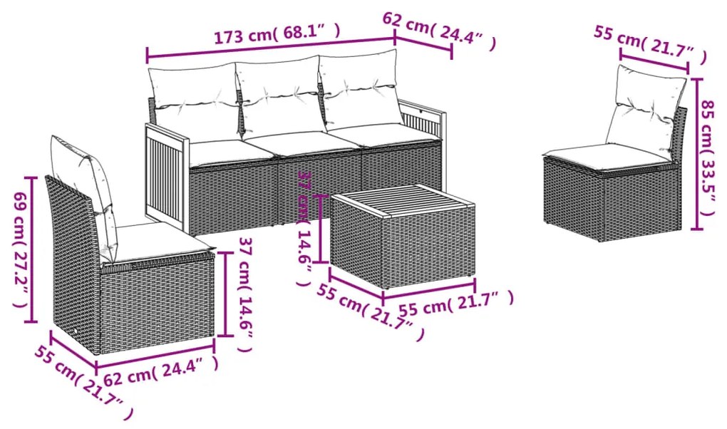 Set divano da giardino 6 pz con cuscini nero in polyrattan