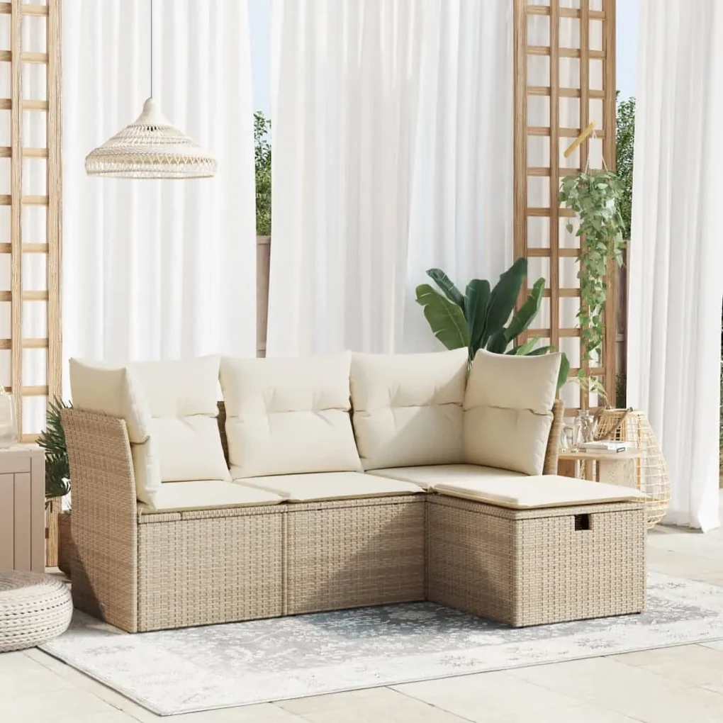 Set divano da giardino 4 pz con cuscini beige in polyrattan