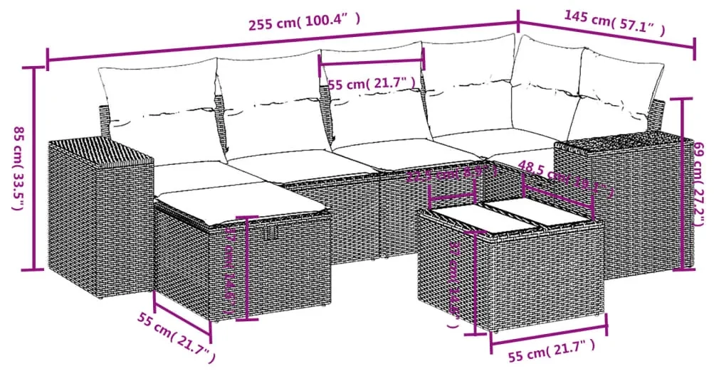 Set divani da giardino 7 pz con cuscini marrone in polyrattan