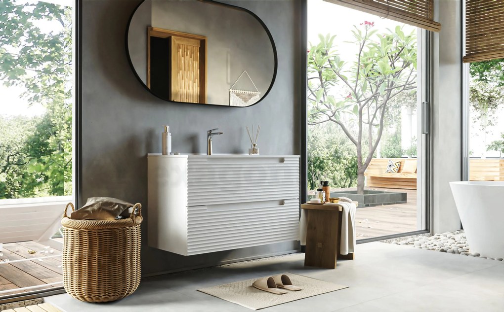 Mobile bagno bianco opaco 80x45 Mango due cassetti soft close con lavabo in ceramica lucida