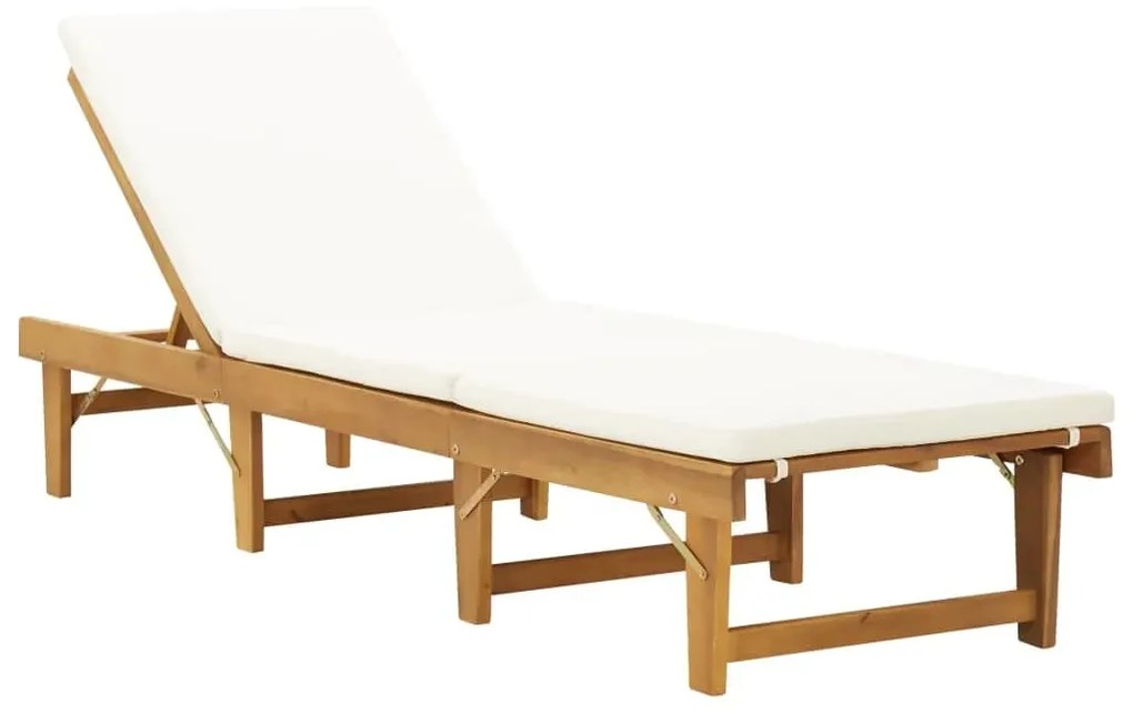 Lettino Sole Pieghevole Cuscino Massello Acacia Bianco Crema /