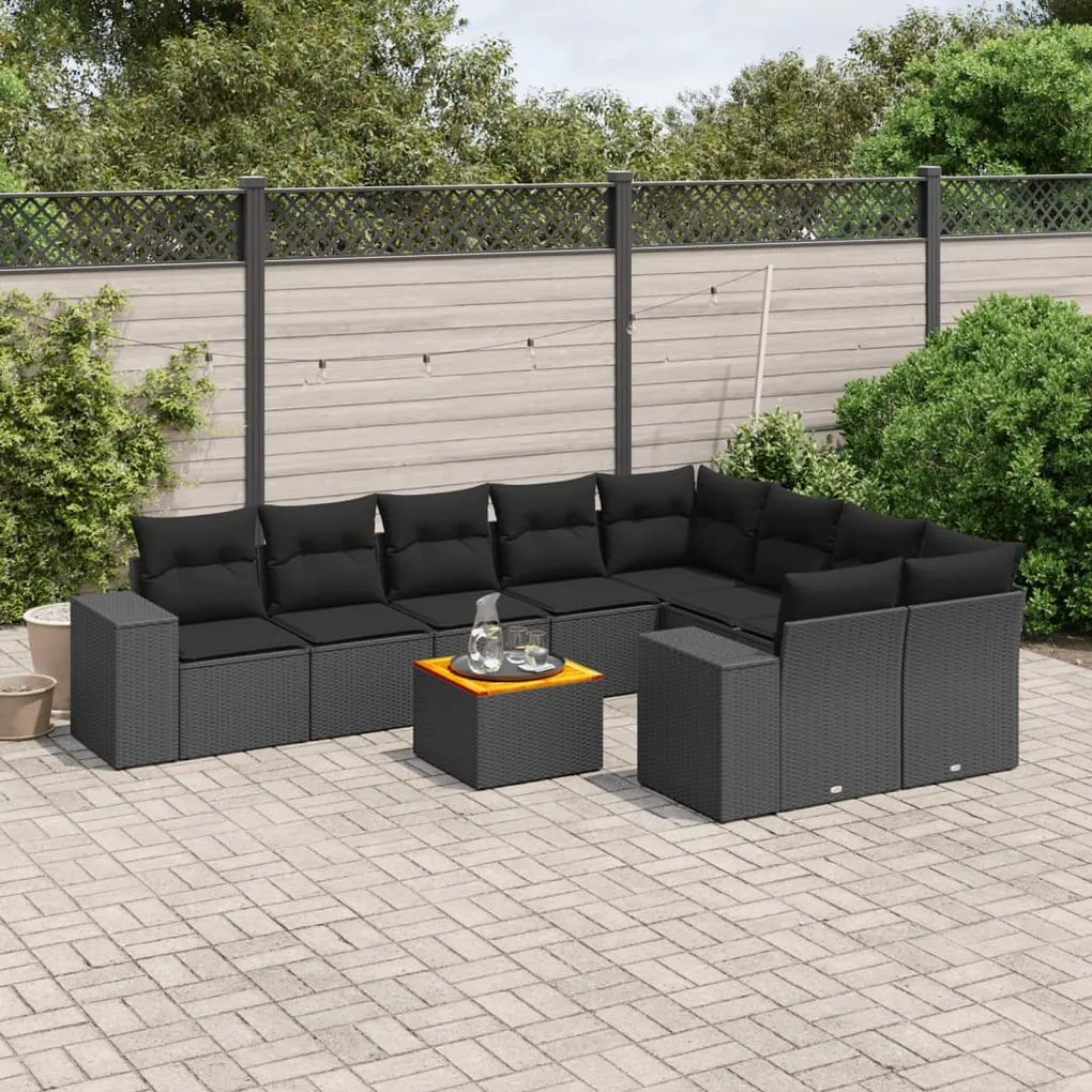 Set divani da giardino 10pz con cuscini in polyrattan nero