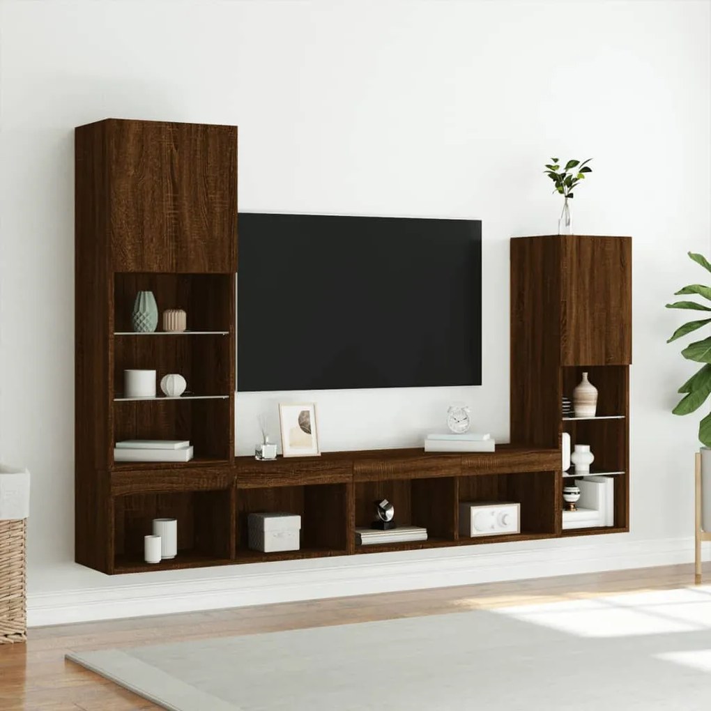 Mobili tv a muro con led 4pz rovere marrone legno multistrato