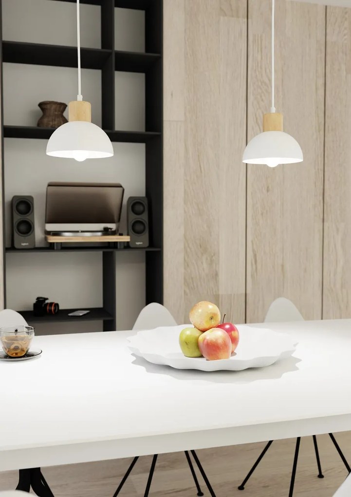 Lampada a sospensione in acciaio e legno SECO 1 E27 bianco