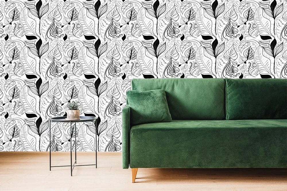 Carta da parati – Foglie magiche in versione bianco e nero