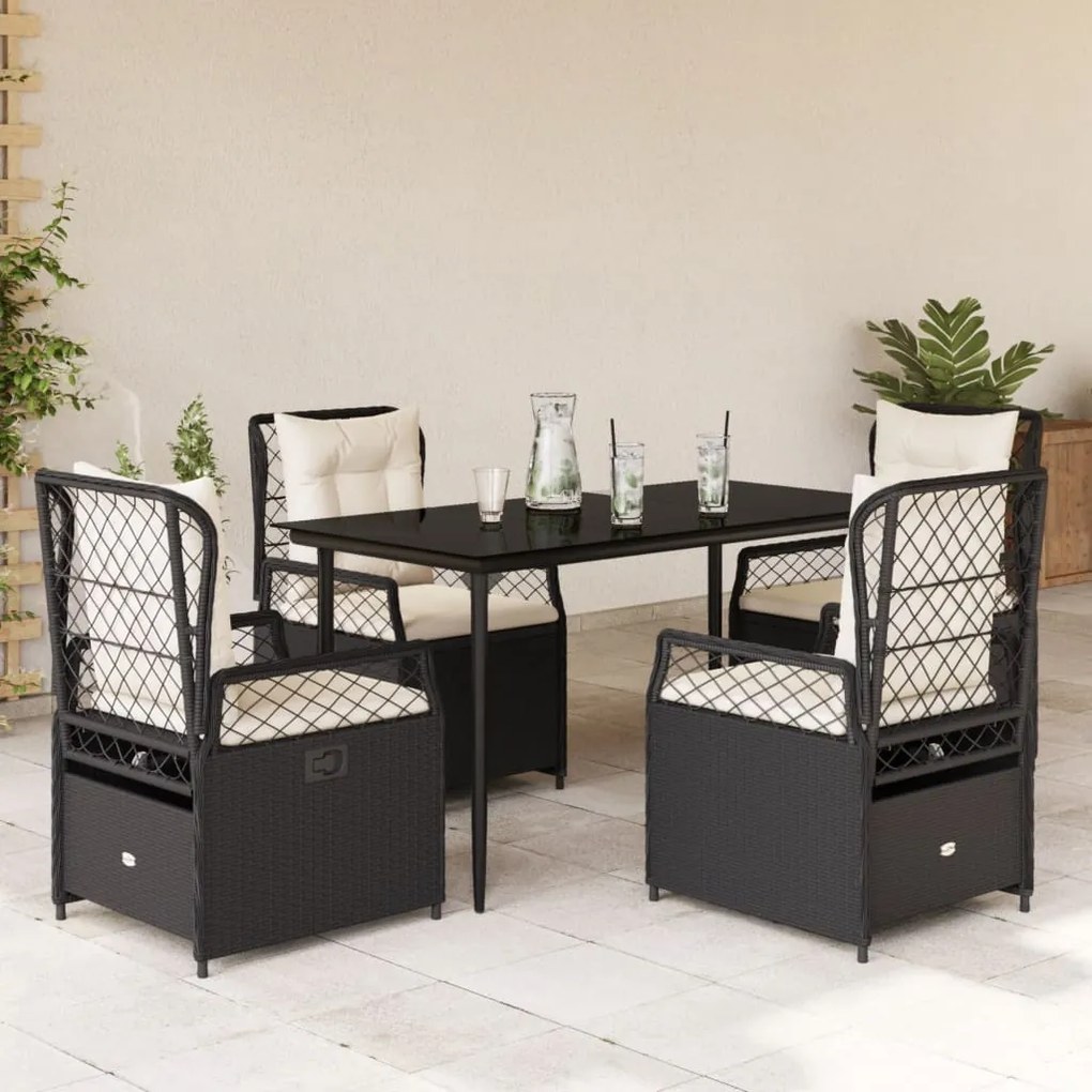 Set da pranzo da giardino 5 pz nero con cuscini in polyrattan