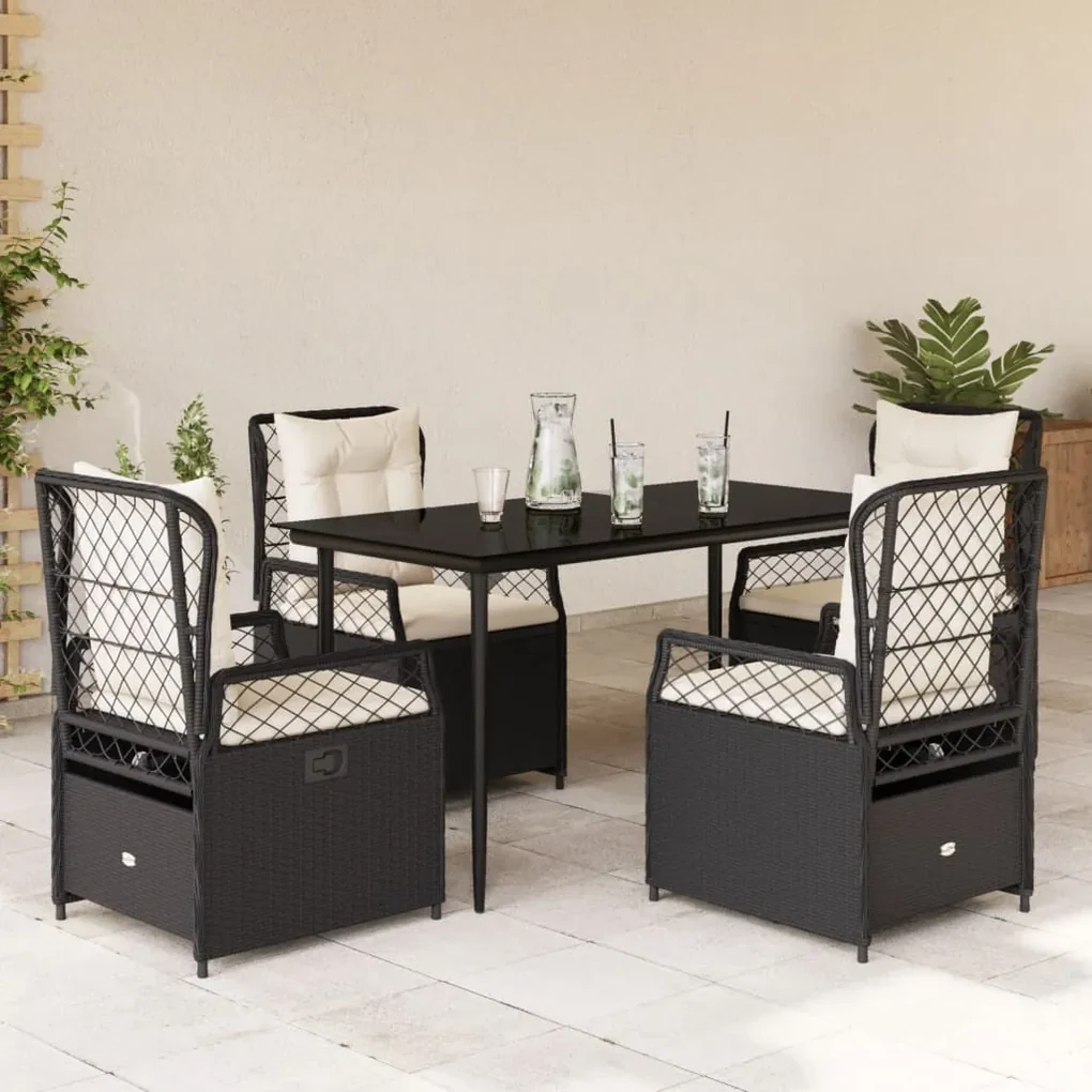 Set da pranzo da giardino 5 pz nero con cuscini in polyrattan
