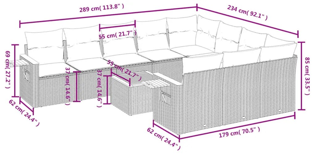 Set divani da giardino 11 pz con cuscini in polyrattan grigio