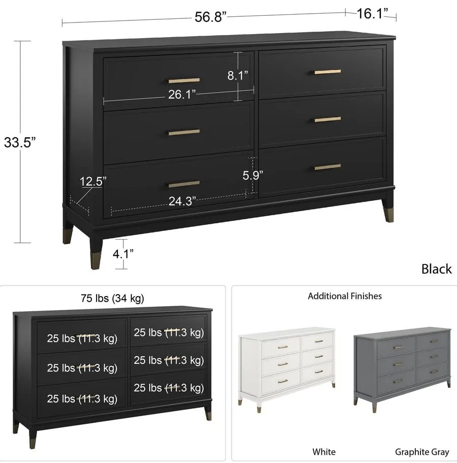 Cassettiera nera , 144 x 85 cm Westerleigh - CosmoLiving by Cosmopolitan