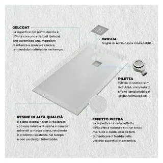 Piatto doccia filo pavimento Karen 80x160 in resina bianco pietra