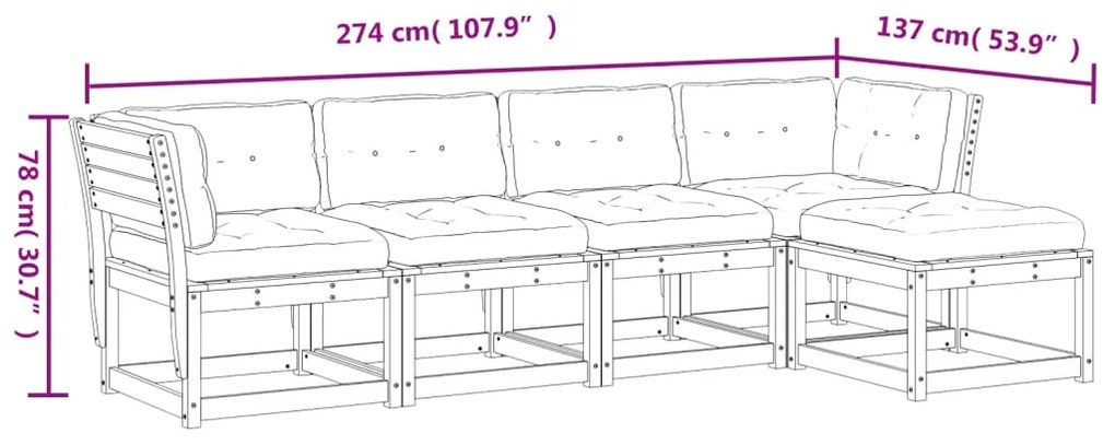 Set Divani Giardino 5 pz con Cuscini in Legno Massello di Pino