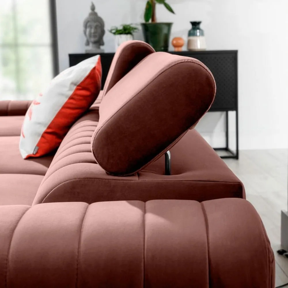 Divano angolare rosa allungabile/con contenitore (con penisola a sinistra/con chaise lounge) e rivestimento in velluto Grayson – ELTAP