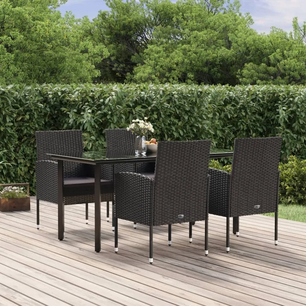 Set da pranzo da giardino 5 pz nero con cuscini in polyrattan