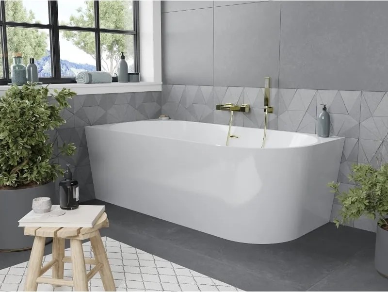 Mexen Mia vasca da bagno freestanding angolare sinistra 160 x 75 cm, bianca, troppopieno dorato spazzolato - 52691607500L-55