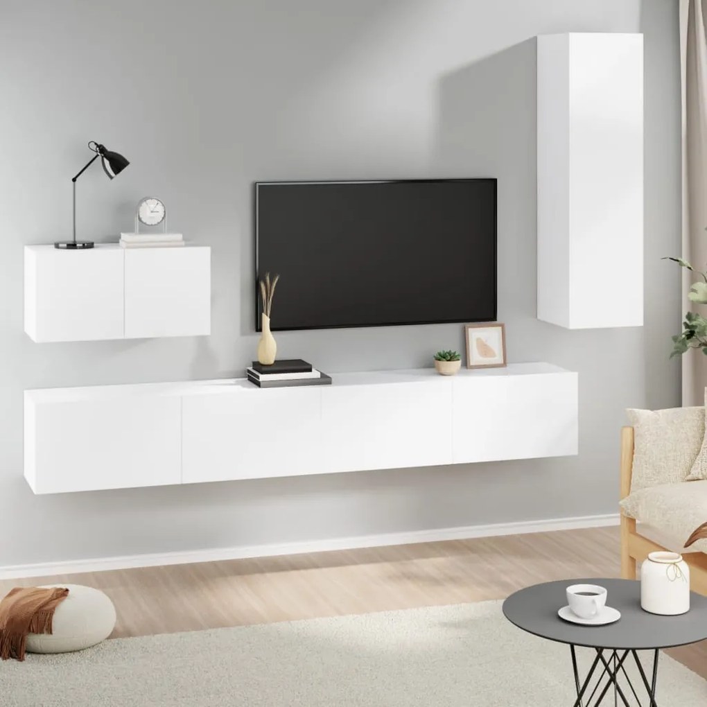 Set Di Mobili Porta Tv 4 Pz Bianco İn Legno Multistrato /
