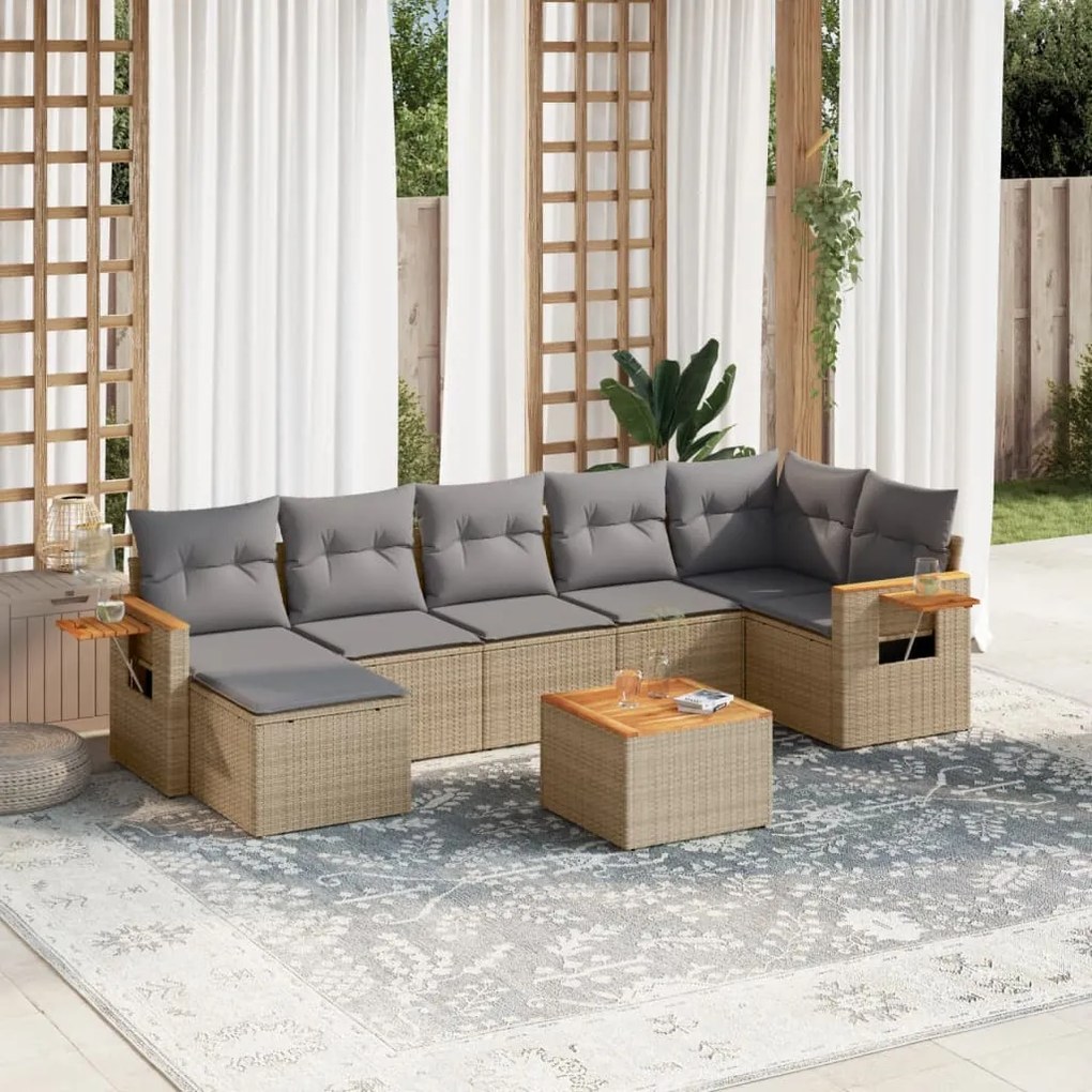 Set divano da giardino 8 pz con cuscini beige in polyrattan