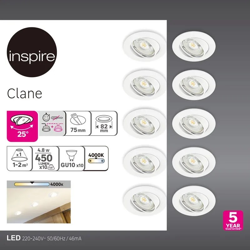 Set da 10 pezzi Faretto da incasso con fonte luminosa LED Clane naturale tondo bianco, foro incasso 82 cm luce bianco