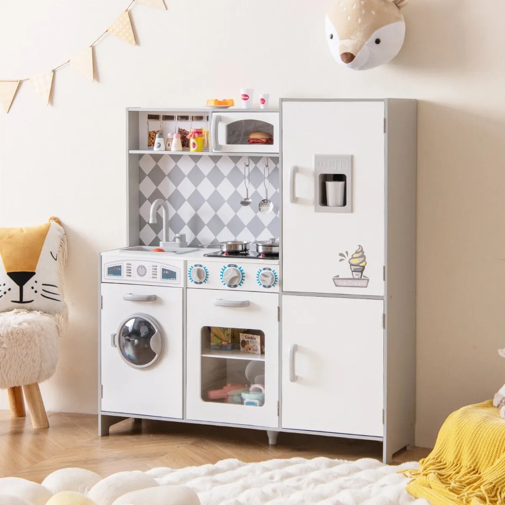 Costway Cucina giocattolo in legno integra macchina del ghiaccio e piano cottura, Cucina giocattolo integra forno e microonde 3 Colori