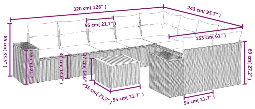 Set divano da giardino 10 pz con cuscini beige in polyrattan