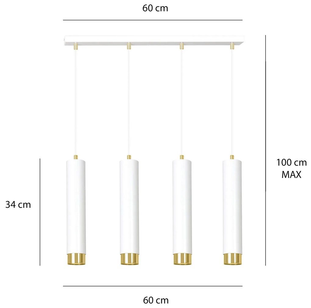 Lampadario 4 Luci Kibo In Acciaio Bianco E Tubolari In Bianco E Oro