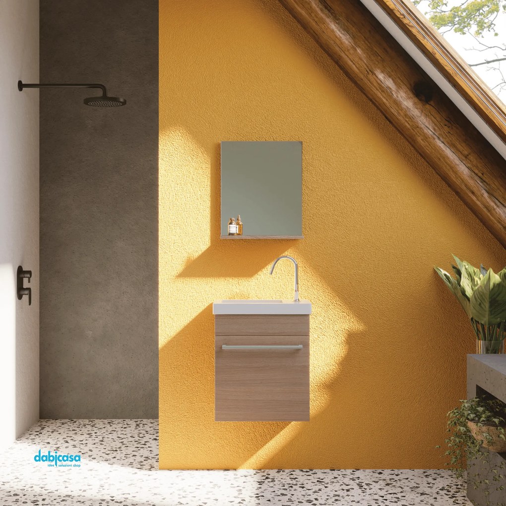 Mobile Bagno Sospeso "Perla" Da 40 Cm Composto Da Un'Anta Lavabo E Specchio Con Mensola Finitura Rovere Fumo