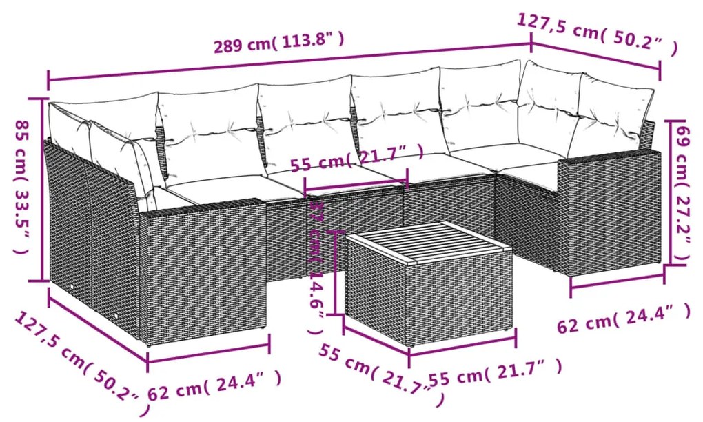 Set divano da giardino 8 pz con cuscini beige in polyrattan