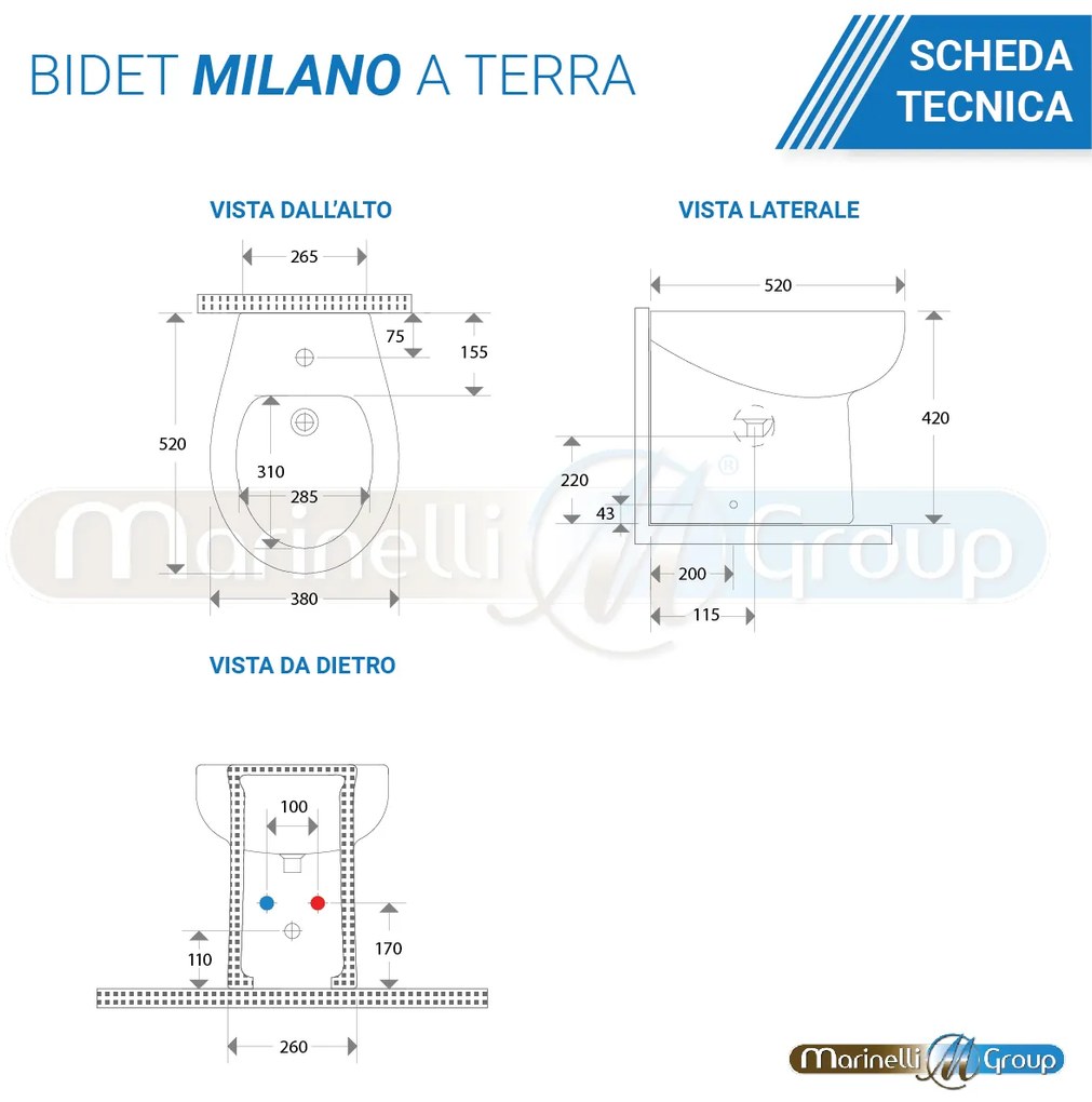 Bidet a terra filomuro in ceramica Milano
