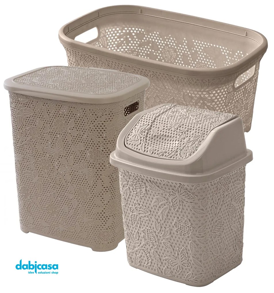 Set Bagno "Linea Flower" 3 Pezzi in Plastica Colore Tortora