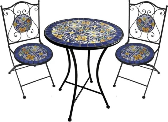 Set Bistrot Tavolo Maioliche D60xH75 Con 2 Sedie Pieghevoli Genziana