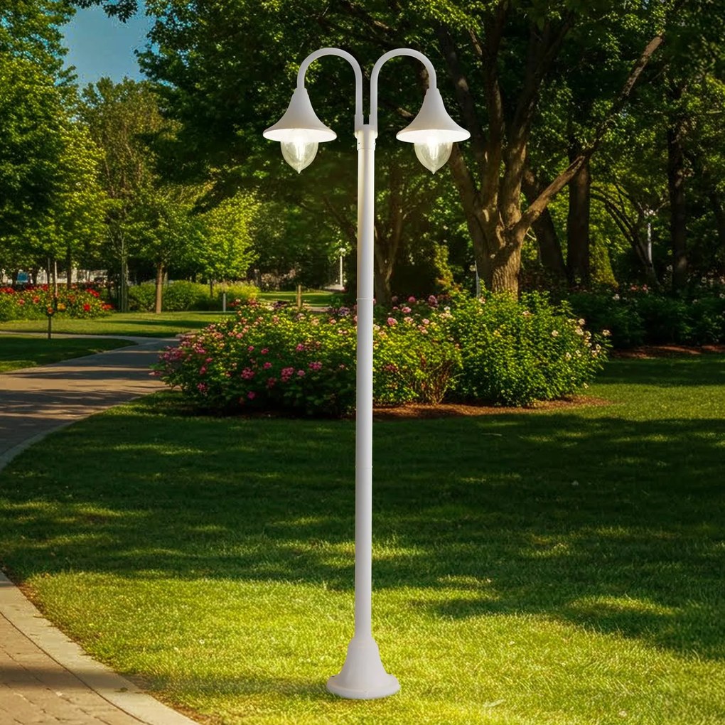 Lindby lampada da esterno Madea, bianca, a 2 luci, 213 cm, E27, IP44