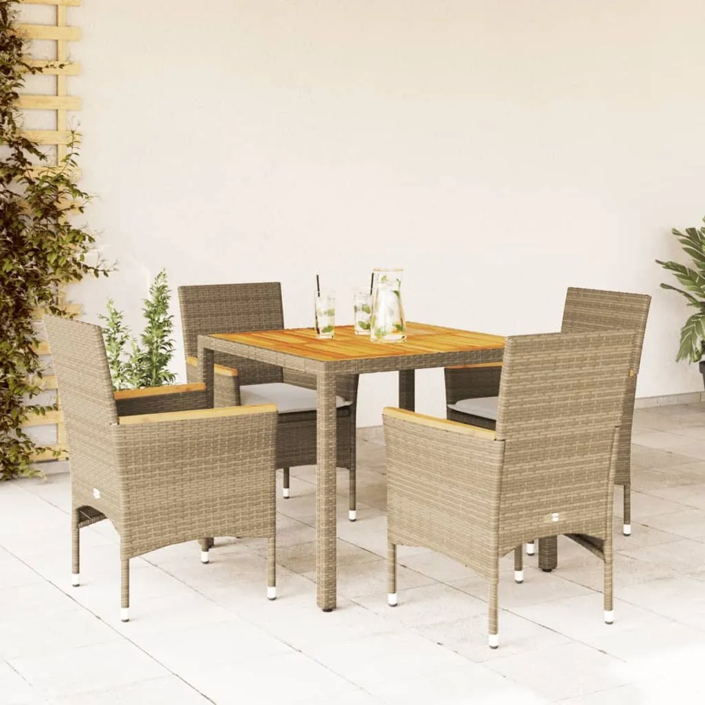 Set pranzo da giardino 5 pz con cuscini beige polyrattan acacia