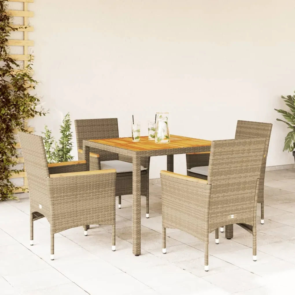 Set pranzo da giardino 5 pz con cuscini beige polyrattan acacia