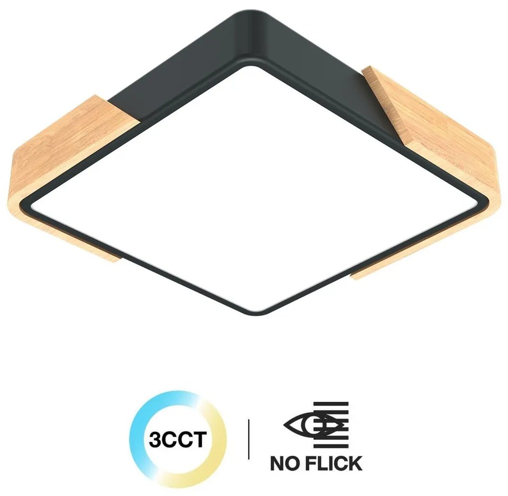 Plafoniera LED Quadrata 18W CCT 30x30cm Legno/Nero