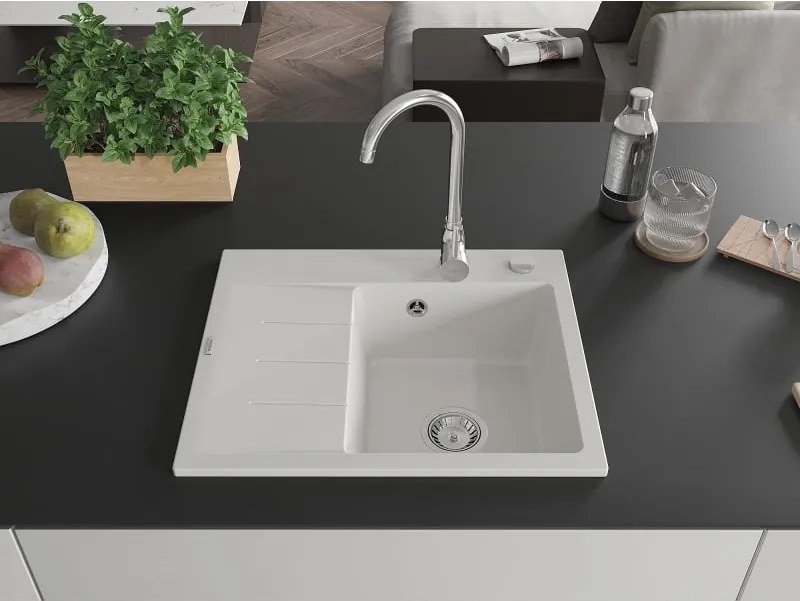 Mexen Ben lavello in granito 1-vasca con sgocciolatoio, destro 600 x 500 mm, bianco, sifone cromato - 6523605000-20