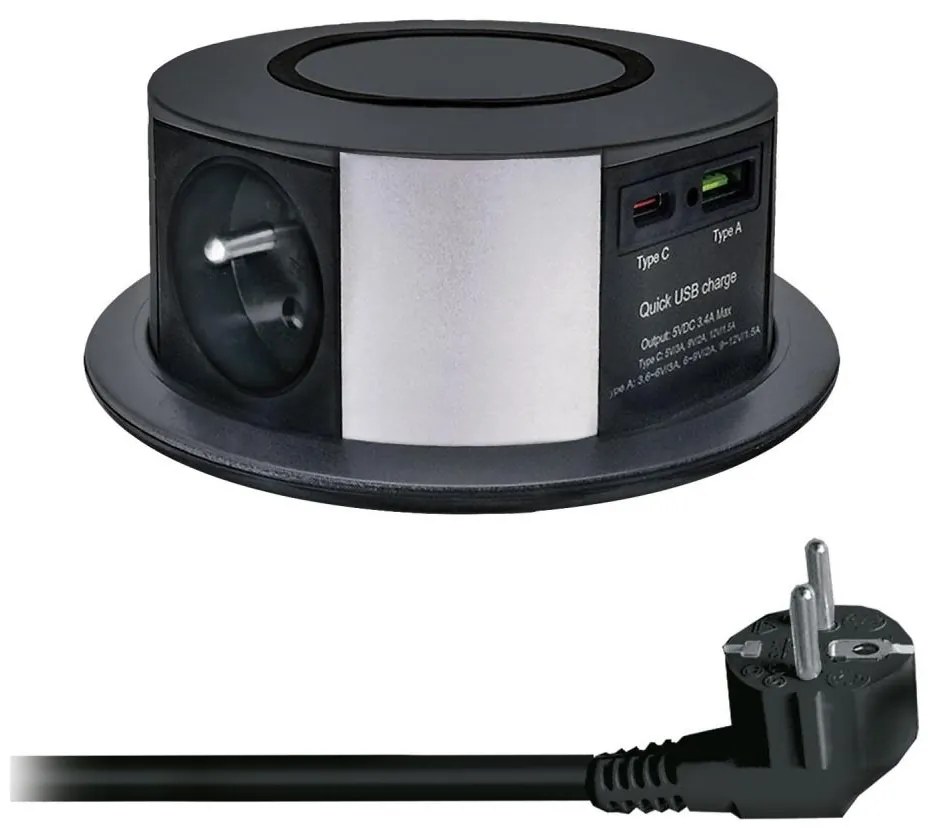 Solight PP120CW-PD20-B - Colonna presa da tavolo con Qi, 3x230V, USB-A e USB-C