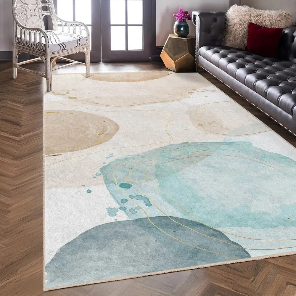 Passatoia color crema/turchese lavabile 80x200 cm Puddle – Mila Home