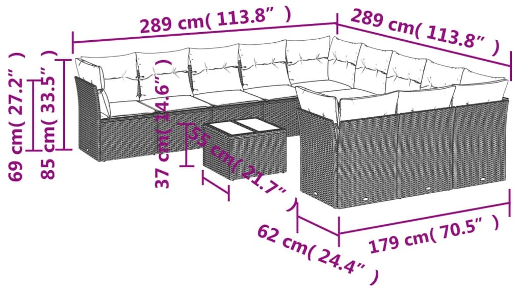 Set divani da giardino 12 pz con cuscini grigio in polyrattan