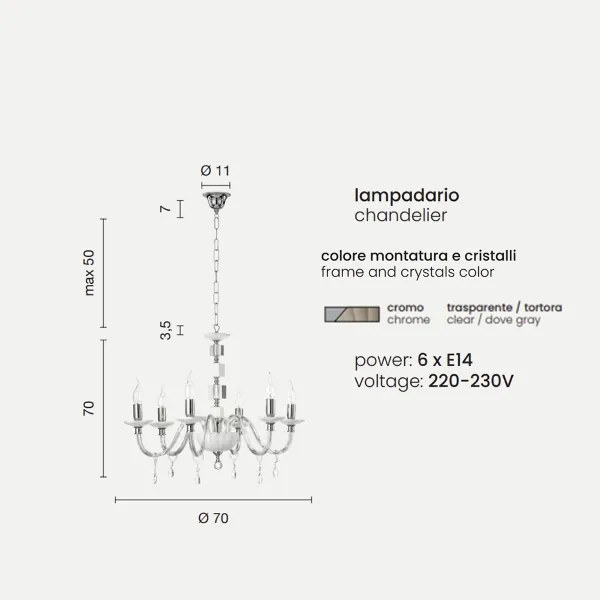 Lampadario sospeso LIVIA in vetro e cristallo D70 cm Tortora 6 luci