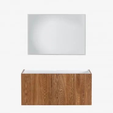 Set Di Mobili Da Bagno In Legno Con Lavabo Integrato Fiore Legno Scuro & Rectangular Led Y Antivaho (100x70) Tasmin & Senza Rubinetto - Sklum