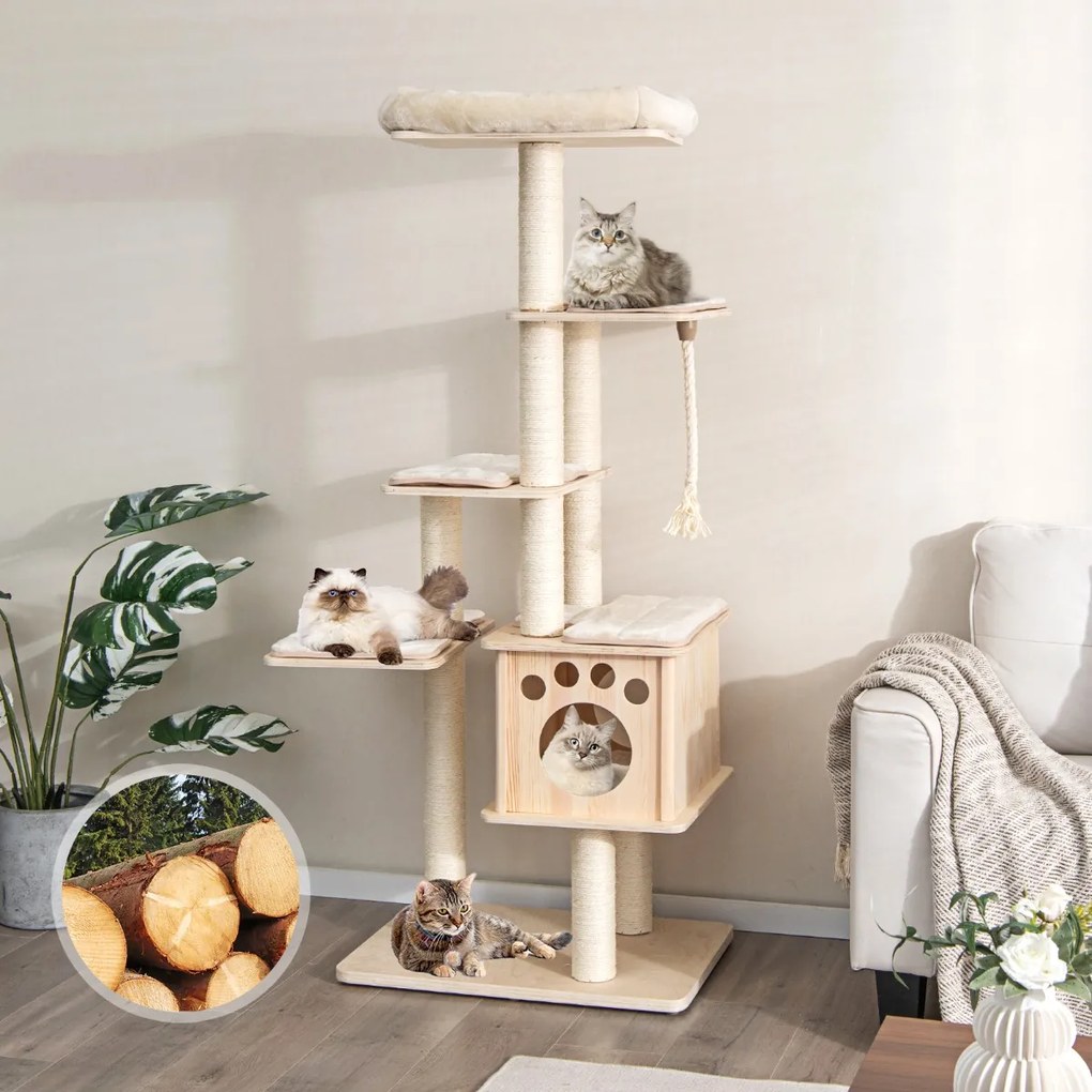 Costway Albero tiragraffi per gatti con trespolo superiore nicchia in legno pali tiragraffi, Torre per gatti 170cm Naturale