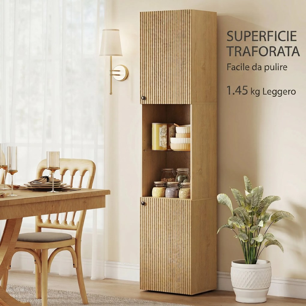 Mobile da Bagno a Colonna Slim 40x31x182H cm 6 Ripiani 2 Ante e Ripiano in Vetro Temperato in MDF Rovere...
