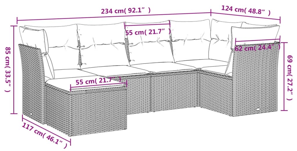 Set Divano da Giardino 6 pz con Cuscini Beige in Polyrattan